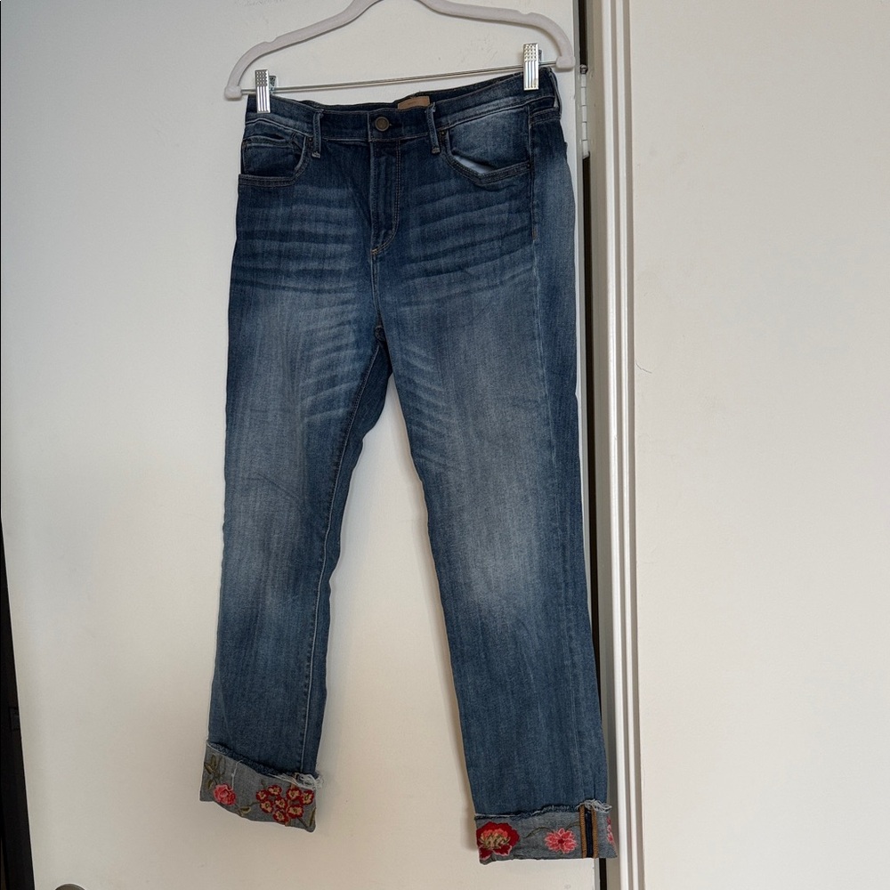 Driftwood Women’s Dark Blue Straight-Leg Jeans with Embroidered Cuffs